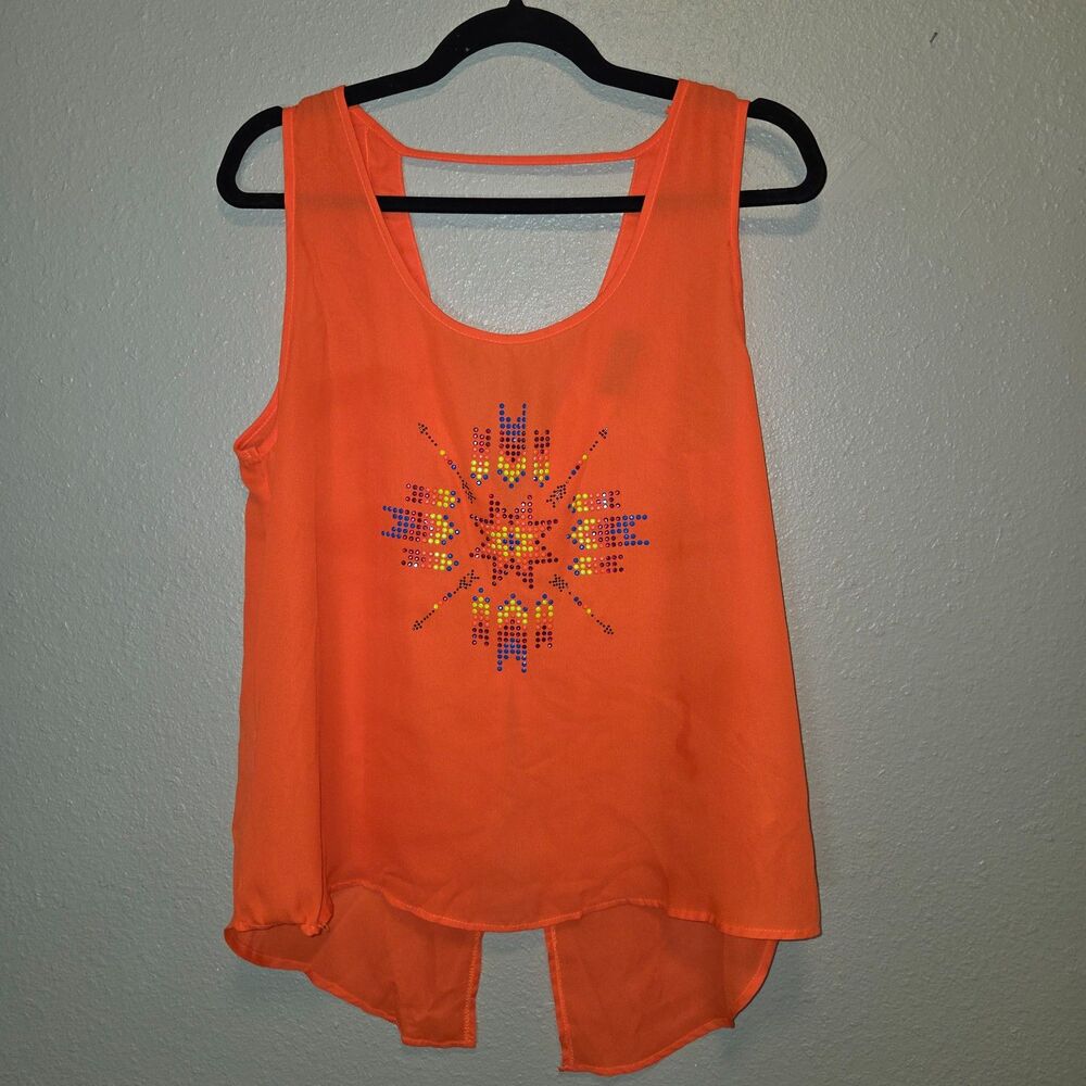 D.O. Bright Orange Rhinestone Tank Top Large Womens High Low Split Back Boho Fes
